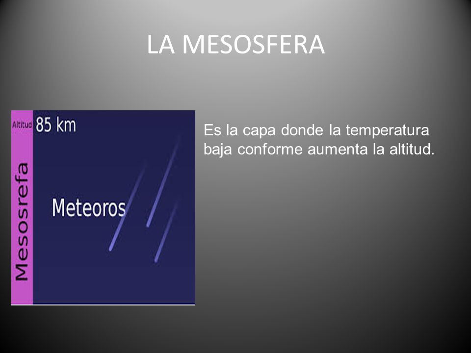 LA MESOSFERA Es la capa donde la temperatura baja conforme aumenta la altitud.