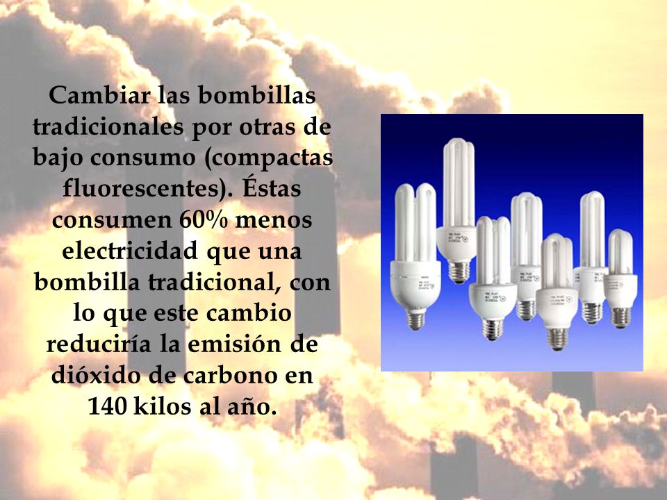 Cambiar las bombillas tradicionales por otras de bajo consumo (compactas fluorescentes).