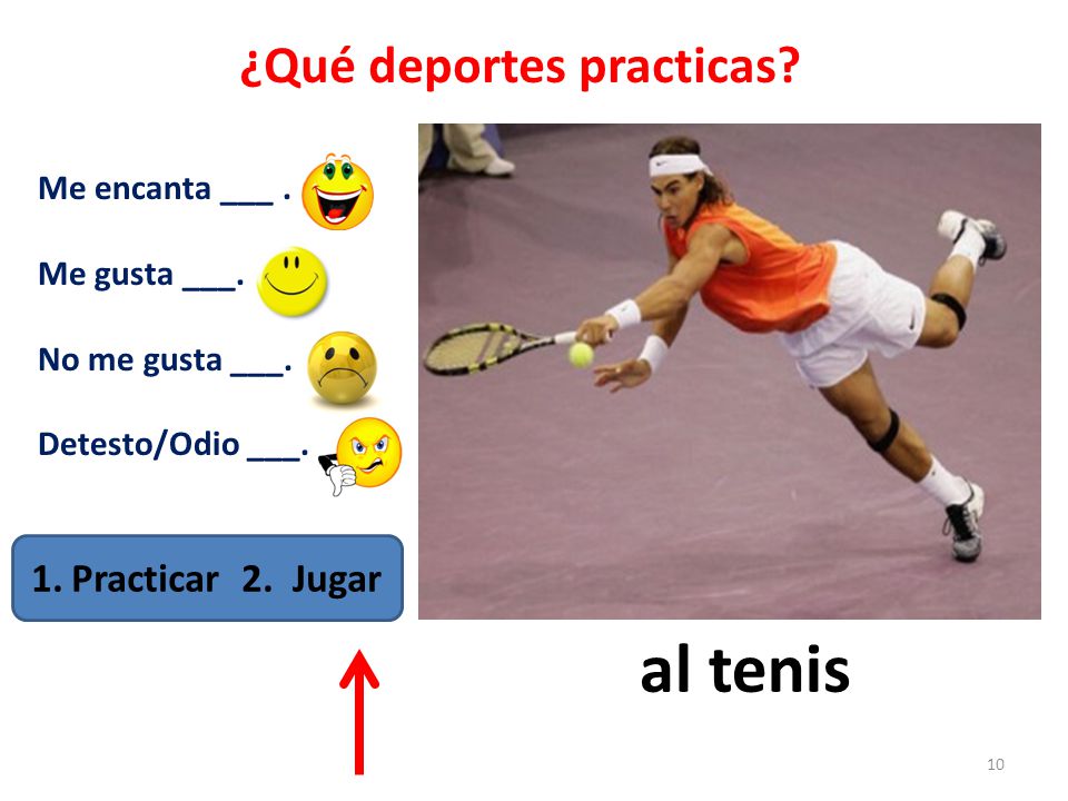 al tenis ¿Qué deportes practicas Practicar 2. Jugar Me encanta ___ .