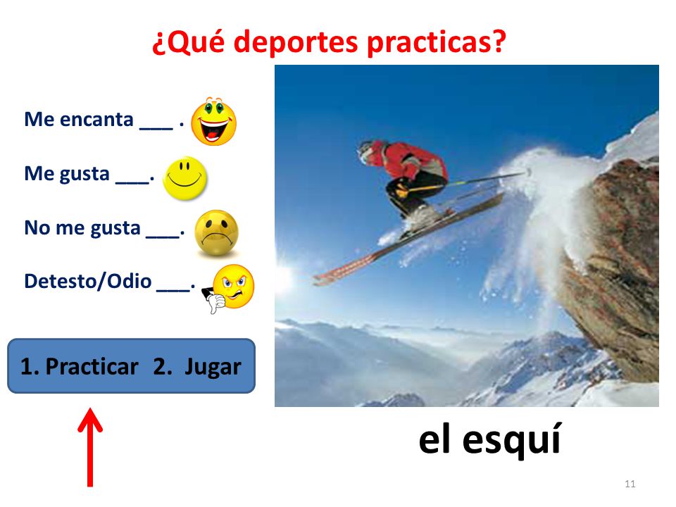 el esquí ¿Qué deportes practicas Practicar 2. Jugar Me encanta ___ .