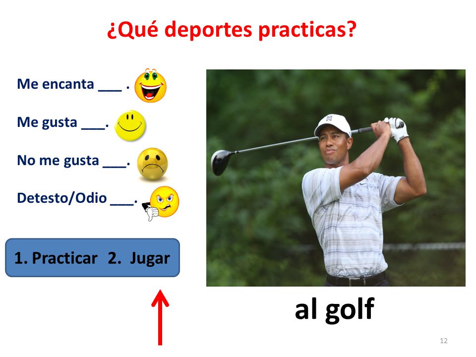 al golf ¿Qué deportes practicas Practicar 2. Jugar Me encanta ___ .