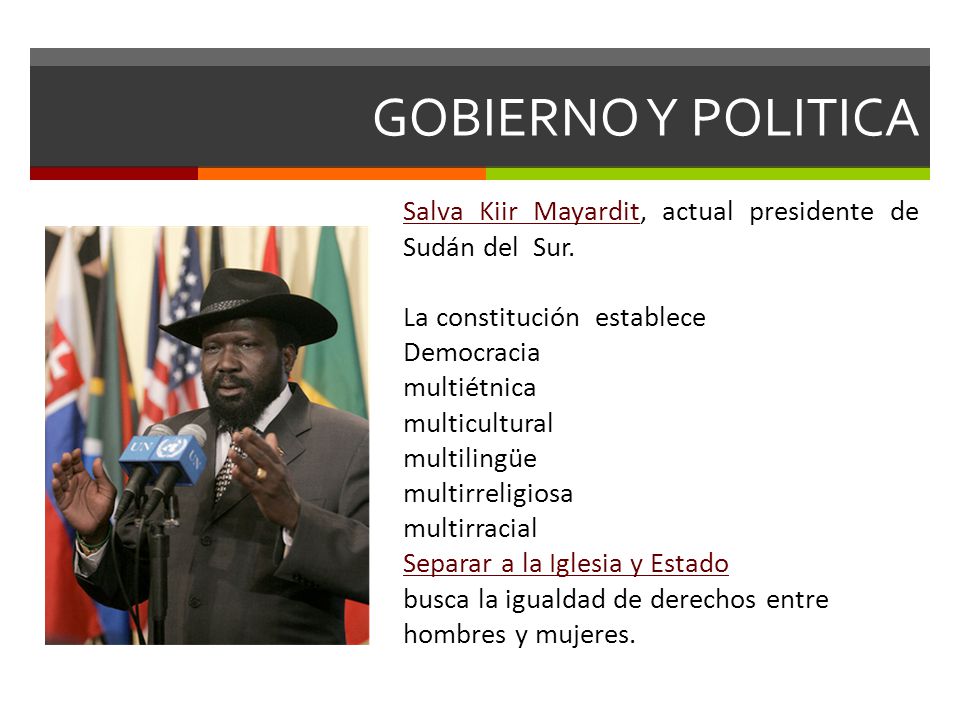 GOBIERNO Y POLITICA Salva Kiir Mayardit, actual presidente de Sudán del Sur. La constitución establece.