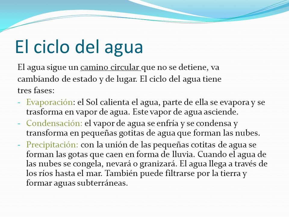 El ciclo del agua El agua sigue un camino circular que no se detiene, va. cambiando de estado y de lugar. El ciclo del agua tiene.