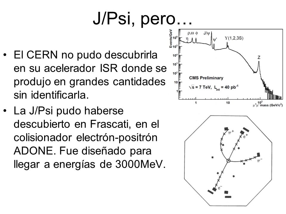 J/Psi, pero… El CERN no pudo descubrirla en su acelerador ISR donde se produjo en grandes cantidades sin identificarla.
