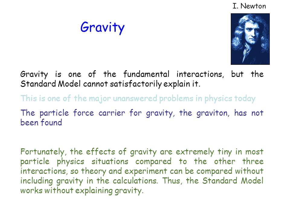 Gravity I. Newton. Gravity is one of the fundamental interactions, but the Standard Model cannot satisfactorily explain it.