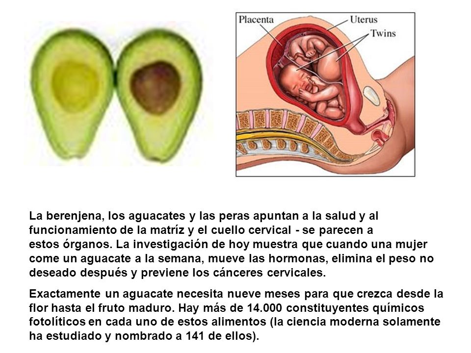 La berenjena, los aguacates y las peras apuntan a la salud y al funcionamiento de la matríz y el cuello cervical - se parecen a estos órganos. La investigación de hoy muestra que cuando una mujer come un aguacate a la semana, mueve las hormonas, elimina el peso no deseado después y previene los cánceres cervicales.