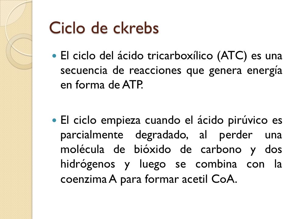 Ciclo de ckrebs El ciclo del ácido tricarboxílico (ATC) es una secuencia de reacciones que genera energía en forma de ATP.