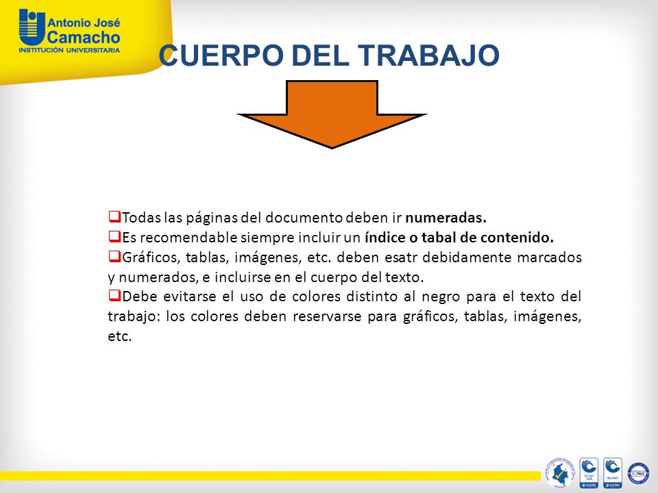 CUERPO DEL TRABAJO Todas las páginas del documento deben ir numeradas.