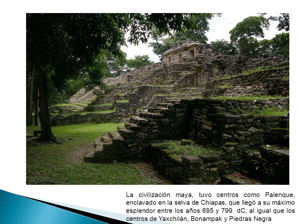 La civilización maya, tuvo centros como Palenque, enclavado en la selva de Chiapas, que llegó a su máximo esplendor entre los años 695 y 799 dC, al igual que los centros de Yaxchilán, Bonampak y Piedras Negra