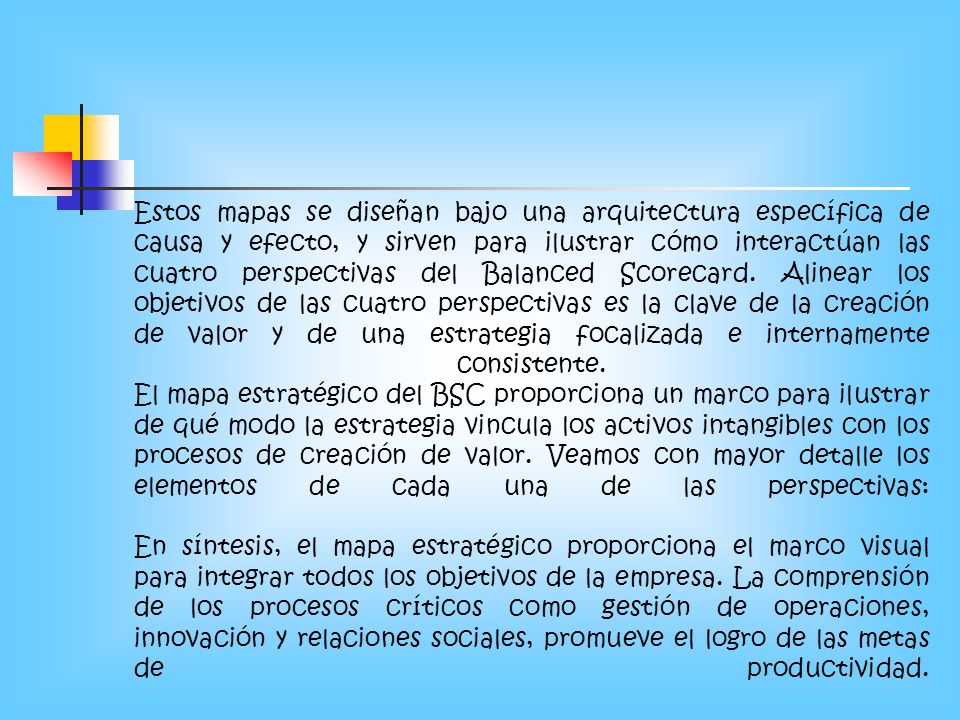 Estos mapas se diseñan bajo una arquitectura específica de causa y efecto, y sirven para ilustrar cómo interactúan las cuatro perspectivas del Balanced Scorecard.