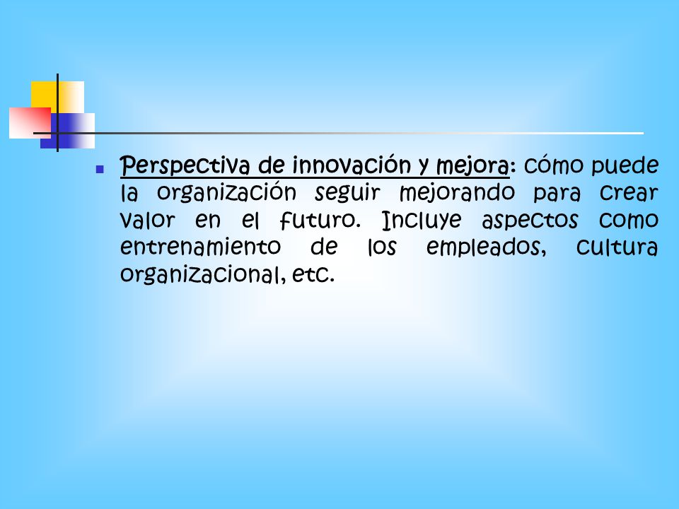 Perspectiva de innovación y mejora: cómo puede la organización seguir mejorando para crear valor en el futuro.