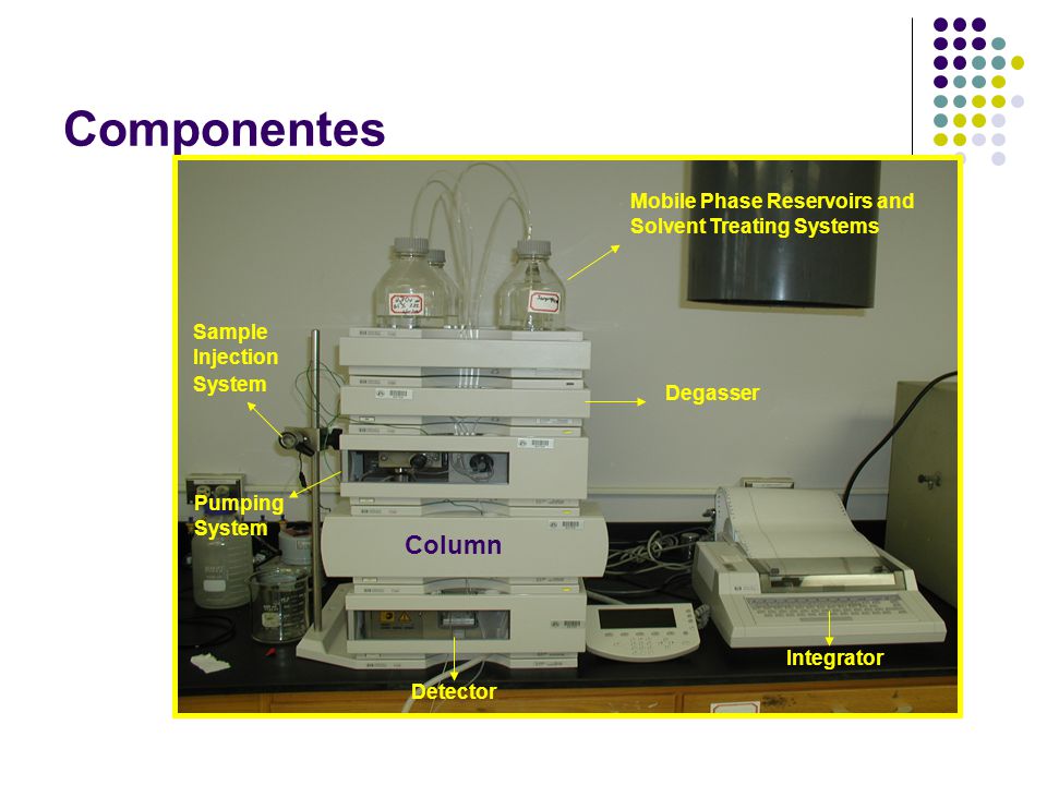 Componentes Mobile Phase Reservoirs and Solvent Treating Systems. Sample Injection System. Pumping System.