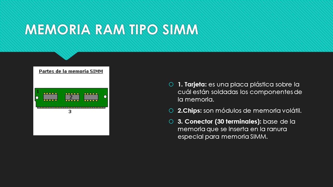 MEMORIA RAM TIPO SIMM 1. Tarjeta: es una placa plástica sobre la cuál están soldadas los componentes de la memoria.