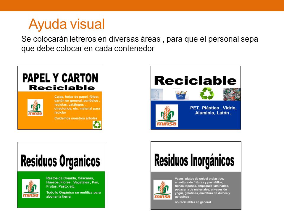 Ayuda visual Se colocarán letreros en diversas áreas , para que el personal sepa que debe colocar en cada contenedor.