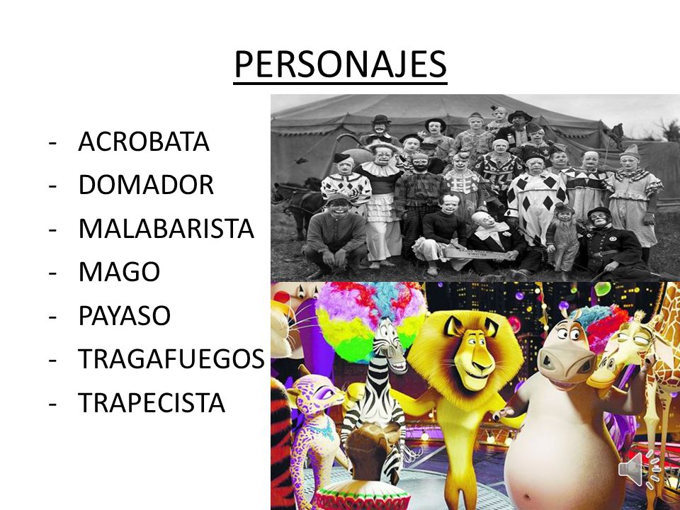 PERSONAJES - ACROBATA - DOMADOR - MALABARISTA - MAGO - PAYASO - TRAGAFUEGOS - TRAPECISTA