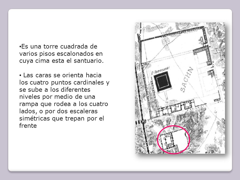 Es una torre cuadrada de varios pisos escalonados en cuya cima esta el santuario.
