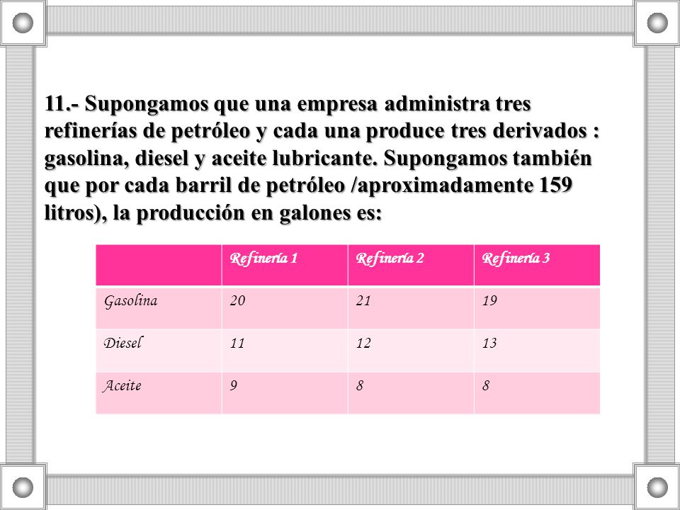 11.- Supongamos que una empresa administra tres refinerías de petróleo y cada una produce tres derivados : gasolina, diesel y aceite lubricante. Supongamos también que por cada barril de petróleo /aproximadamente 159 litros), la producción en galones es: