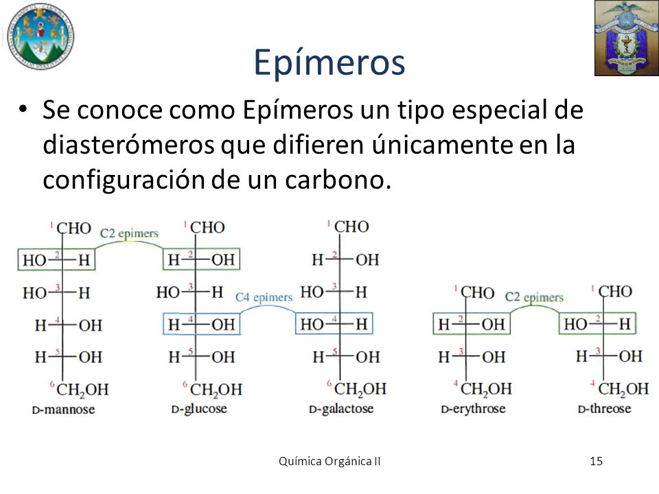 Epímeros Se conoce como Epímeros un tipo especial de diasterómeros que difieren únicamente en la configuración de un carbono.