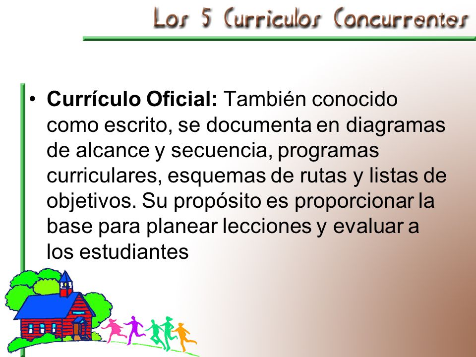 Currículo Oficial: También conocido como escrito, se documenta en diagramas de alcance y secuencia, programas curriculares, esquemas de rutas y listas de objetivos.