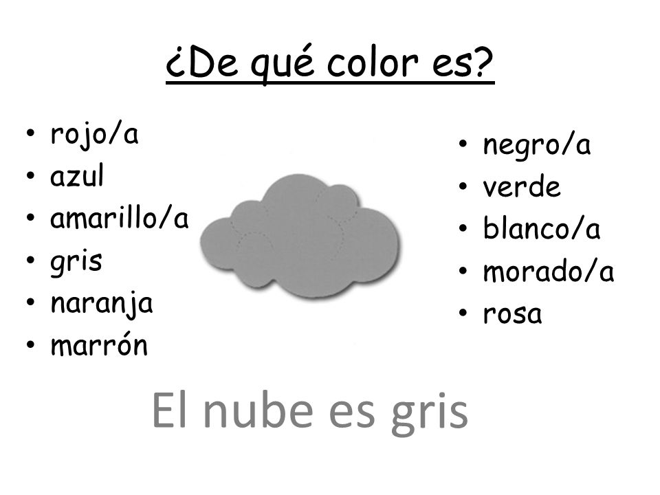 El nube es gris ¿De qué color es rojo/a negro/a azul verde amarillo/a