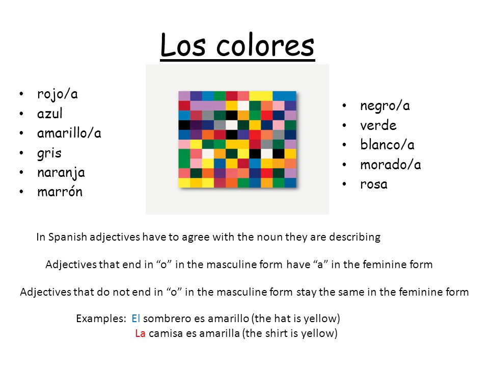 Los colores rojo/a azul negro/a amarillo/a verde gris blanco/a naranja