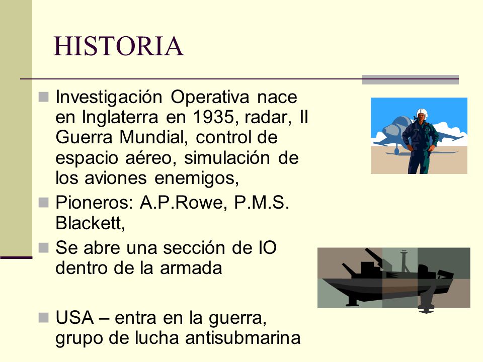 HISTORIA Investigación Operativa nace en Inglaterra en 1935, radar, II Guerra Mundial, control de espacio aéreo, simulación de los aviones enemigos,