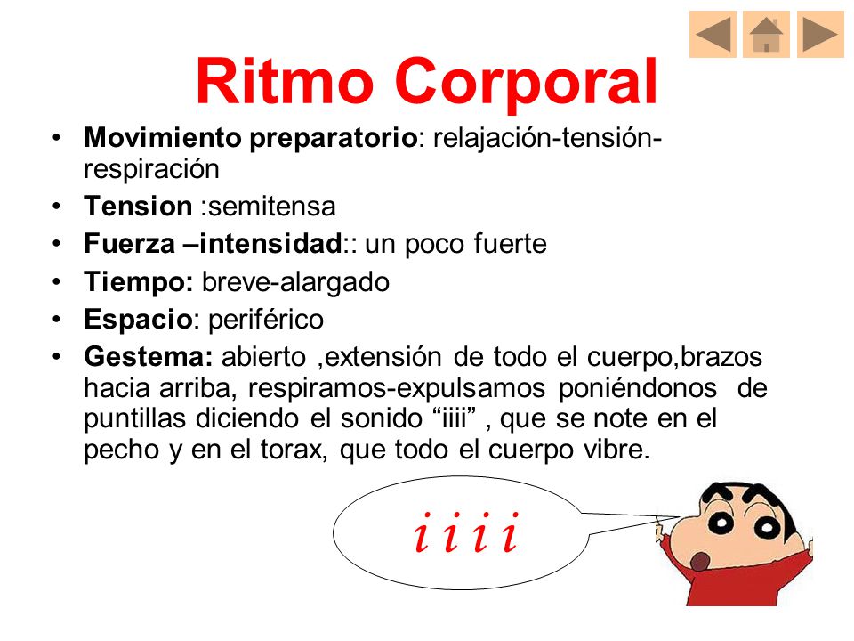 Ritmo Corporal Movimiento preparatorio: relajación-tensión-respiración. Tension :semitensa. Fuerza –intensidad:: un poco fuerte.