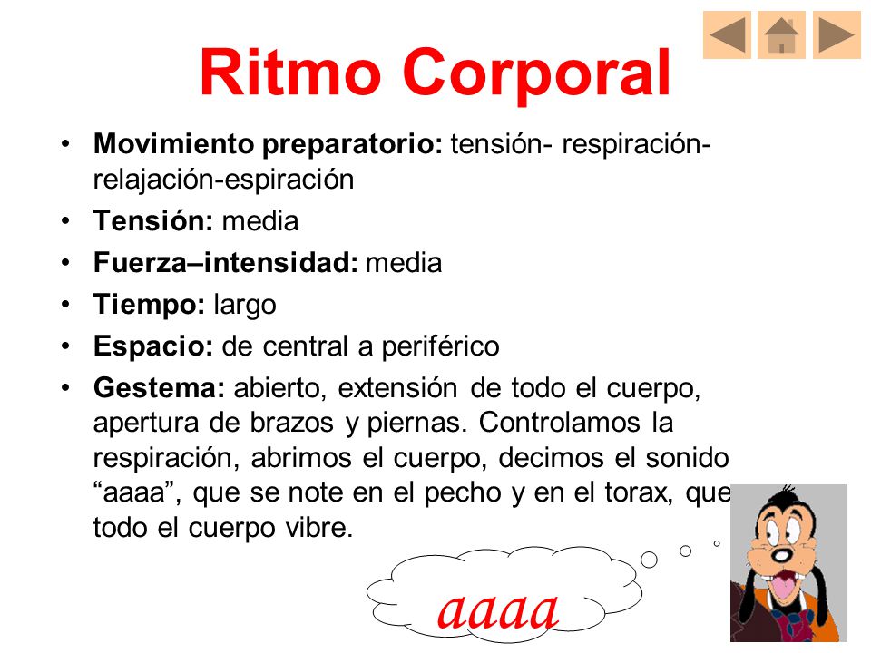Ritmo Corporal Movimiento preparatorio: tensión- respiración-relajación-espiración. Tensión: media.