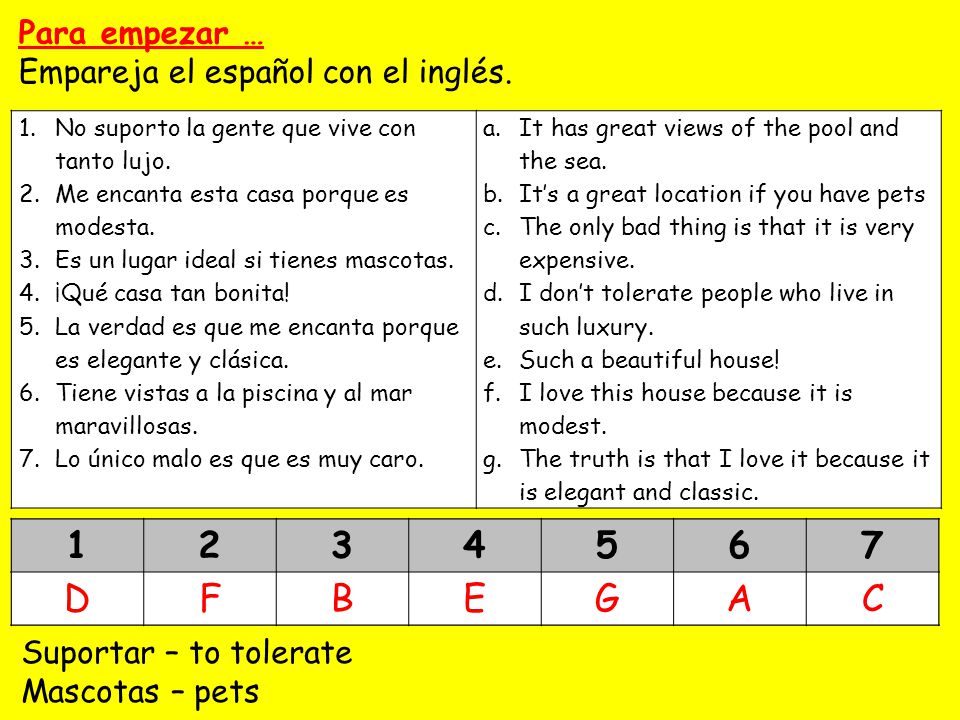 Para empezar … Empareja el español con el inglés. No suporto la gente que vive con tanto lujo. Me encanta esta casa porque es modesta.