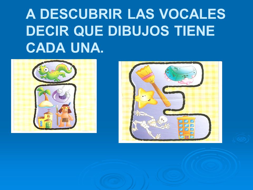 A DESCUBRIR LAS VOCALES DECIR QUE DIBUJOS TIENE CADA UNA.