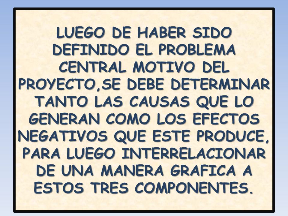LUEGO DE HABER SIDO DEFINIDO EL PROBLEMA CENTRAL MOTIVO DEL PROYECTO,SE DEBE DETERMINAR TANTO LAS CAUSAS QUE LO GENERAN COMO LOS EFECTOS NEGATIVOS QUE ESTE PRODUCE, PARA LUEGO INTERRELACIONAR DE UNA MANERA GRAFICA A ESTOS TRES COMPONENTES.