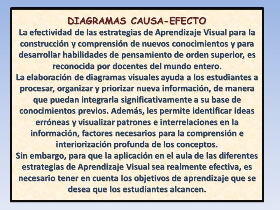DIAGRAMAS CAUSA-EFECTO La efectividad de las estrategias de Aprendizaje Visual para la construcción y comprensión de nuevos conocimientos y para desarrollar habilidades de pensamiento de orden superior, es reconocida por docentes del mundo entero.