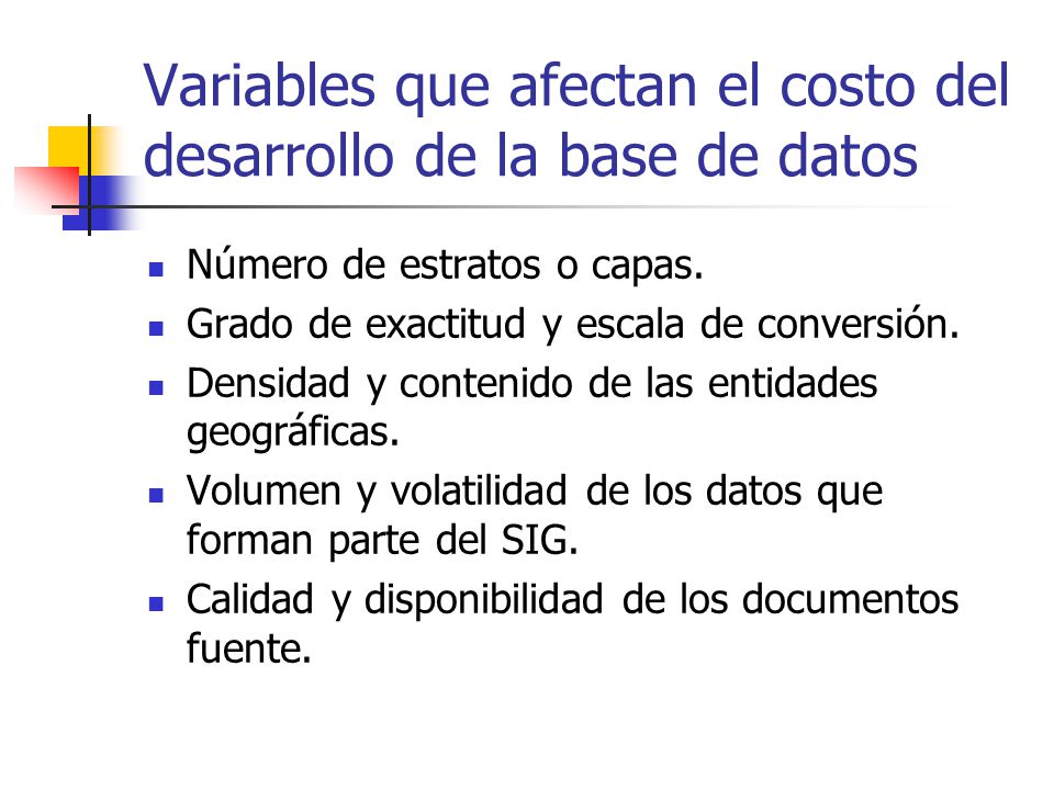 Variables que afectan el costo del desarrollo de la base de datos