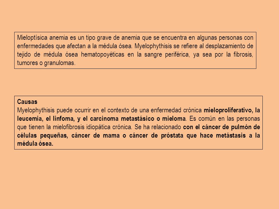 Mieloptísica anemia es un tipo grave de anemia que se encuentra en algunas personas con enfermedades que afectan a la médula ósea. Myelophythisis se refiere al desplazamiento de tejido de médula ósea hematopoyéticas en la sangre periférica, ya sea por la fibrosis, tumores o granulomas.