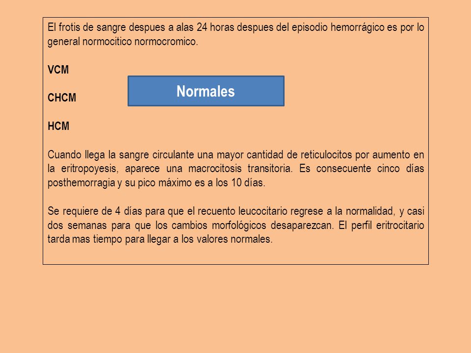 El frotis de sangre despues a alas 24 horas despues del episodio hemorrágico es por lo general normocitico normocromico.