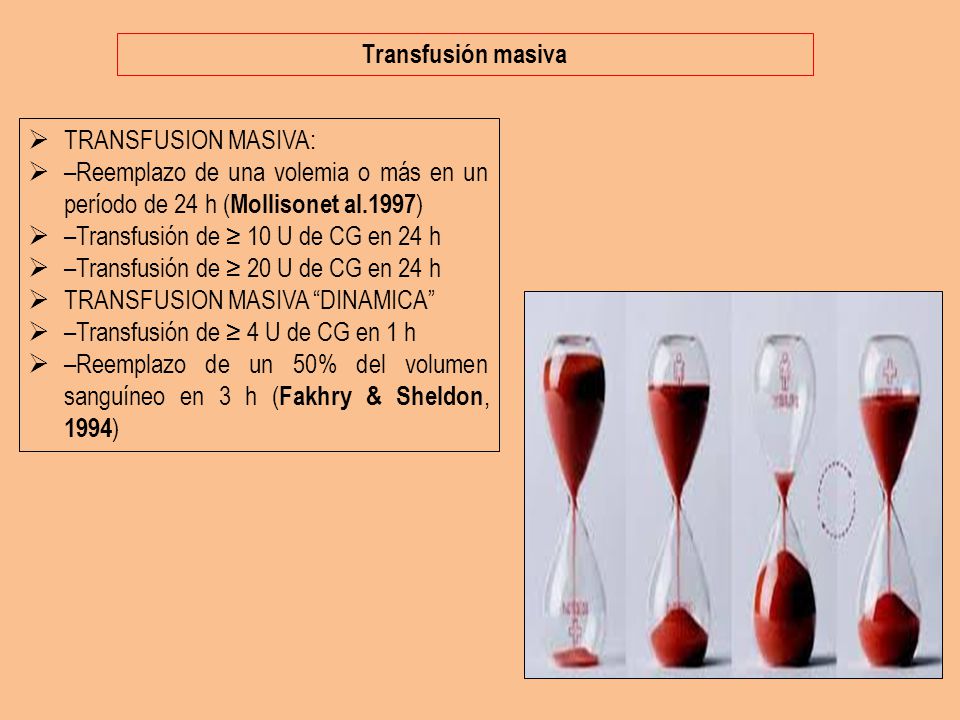 Transfusión masiva TRANSFUSION MASIVA: –Reemplazo de una volemia o más en un período de 24 h (Mollisonet al.1997)