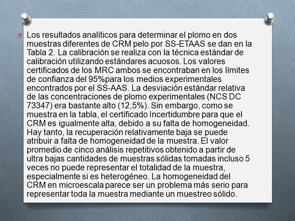 Los resultados analíticos para determinar el plomo en dos muestras diferentes de CRM pelo por SS-ETAAS se dan en la Tabla 2.