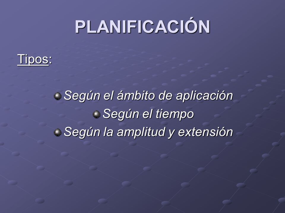 PLANIFICACIÓN Tipos: Según el ámbito de aplicación Según el tiempo
