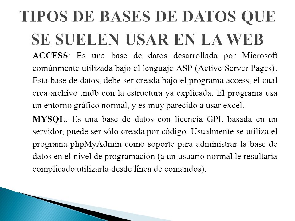TIPOS DE BASES DE DATOS QUE SE SUELEN USAR EN LA WEB