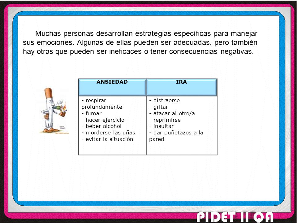 Muchas personas desarrollan estrategias específicas para manejar sus emociones. Algunas de ellas pueden ser adecuadas, pero también hay otras que pueden ser ineficaces o tener consecuencias negativas.