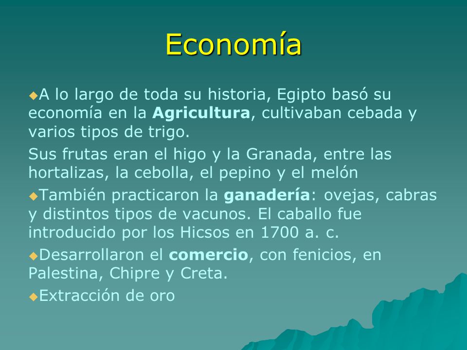 Economía A lo largo de toda su historia, Egipto basó su economía en la Agricultura, cultivaban cebada y varios tipos de trigo.
