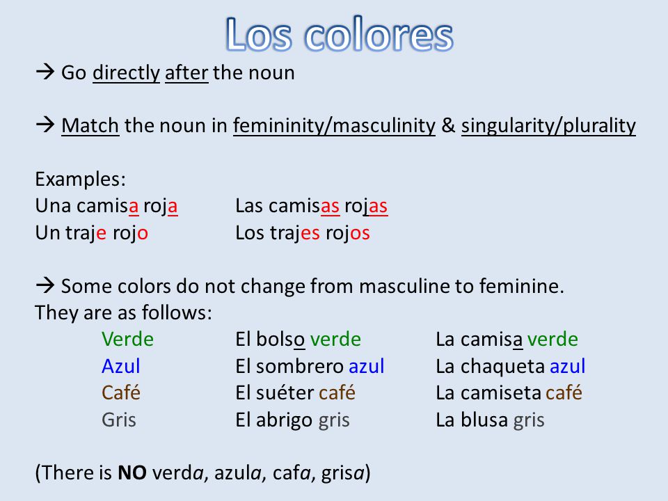 Los colores  Go directly after the noun