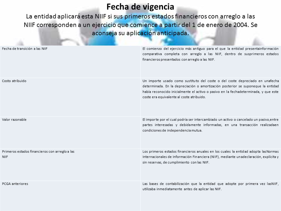 Fecha de vigencia La entidad aplicará esta NIIF si sus primeros estados financieros con arreglo a las NIIF corresponden a un ejercicio que comience a partir del 1 de enero de Se aconseja su aplicación anticipada.