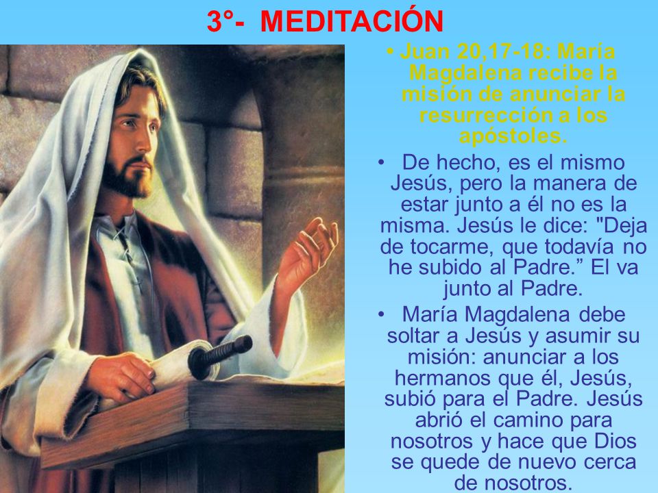 3°- MEDITACIÓN • Juan 20,17-18: María Magdalena recibe la misión de anunciar la resurrección a los apóstoles.
