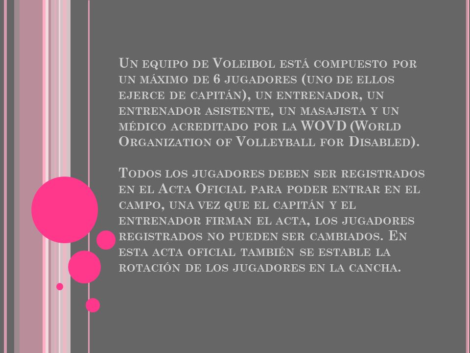 Un equipo de Voleibol está compuesto por un máximo de 6 jugadores (uno de ellos ejerce de capitán), un entrenador, un entrenador asistente, un masajista y un médico acreditado por la WOVD (World Organization of Volleyball for Disabled).