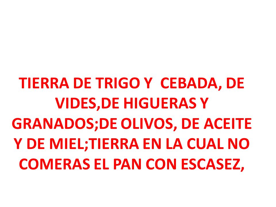 TIERRA DE TRIGO Y CEBADA, DE VIDES,DE HIGUERAS Y GRANADOS;DE OLIVOS, DE ACEITE Y DE MIEL;TIERRA EN LA CUAL NO COMERAS EL PAN CON ESCASEZ,