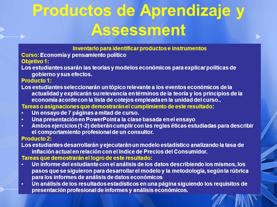 Productos de Aprendizaje y Assessment