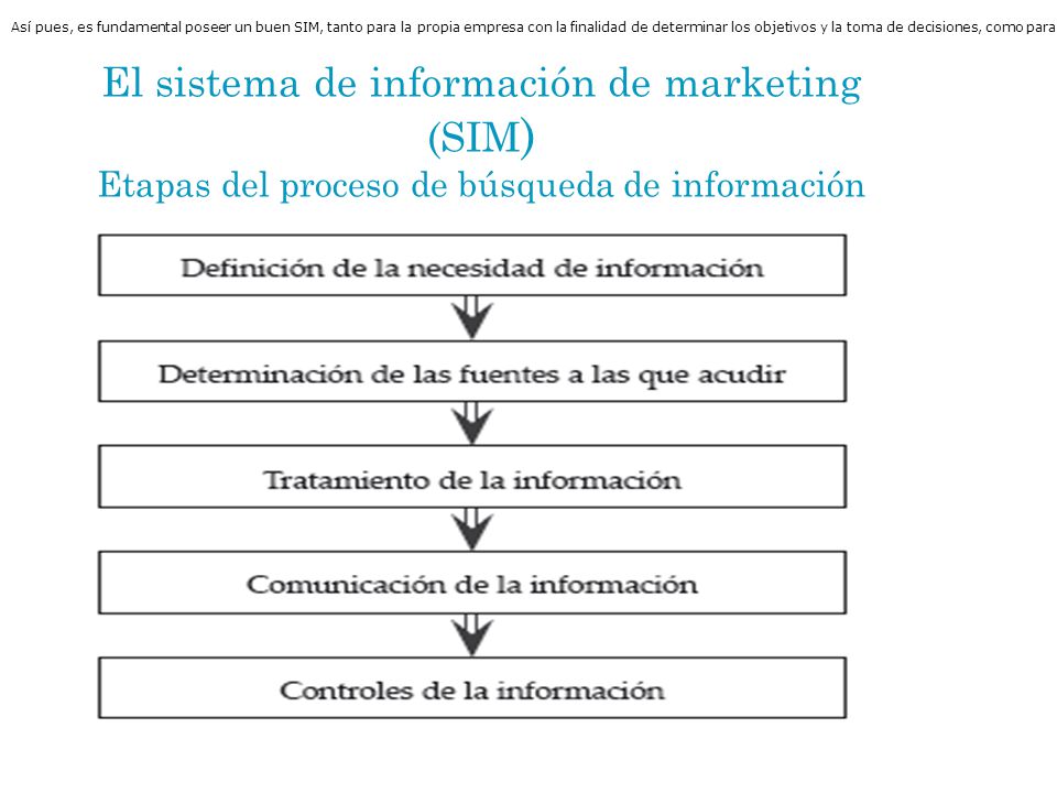 Así pues, es fundamental poseer un buen SIM, tanto para la propia empresa con la finalidad de determinar los objetivos y la toma de decisiones, como para el auditor de marketing que lo necesitará para el diagnóstico de la auditoría y la consiguiente toma de decisiones.
