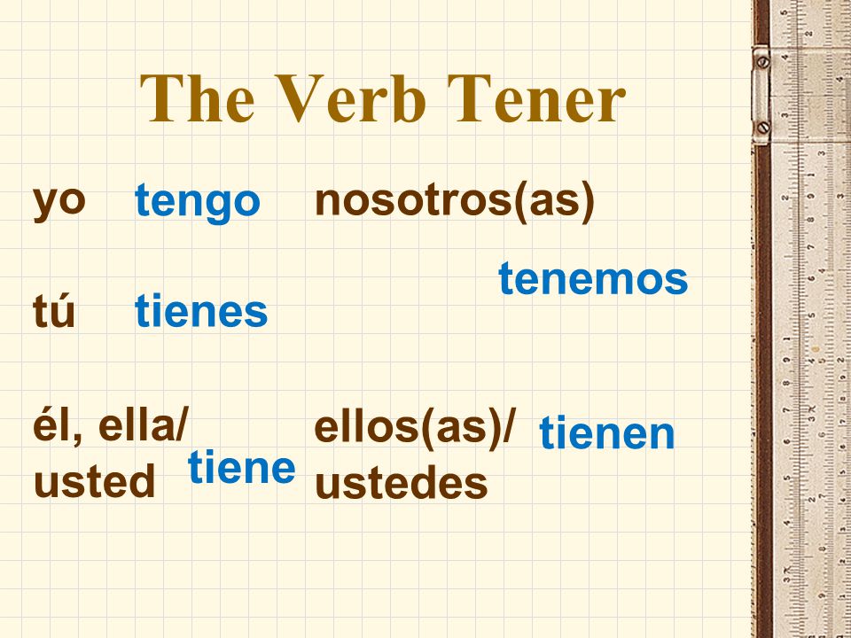 The Verb Tener yo tengo nosotros(as) tú tenemos él, ella/ tienes