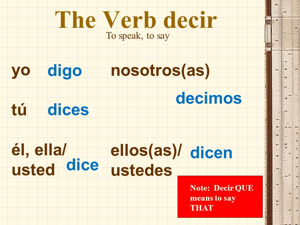 The Verb decir yo digo nosotros(as) tú decimos él, ella/ dices